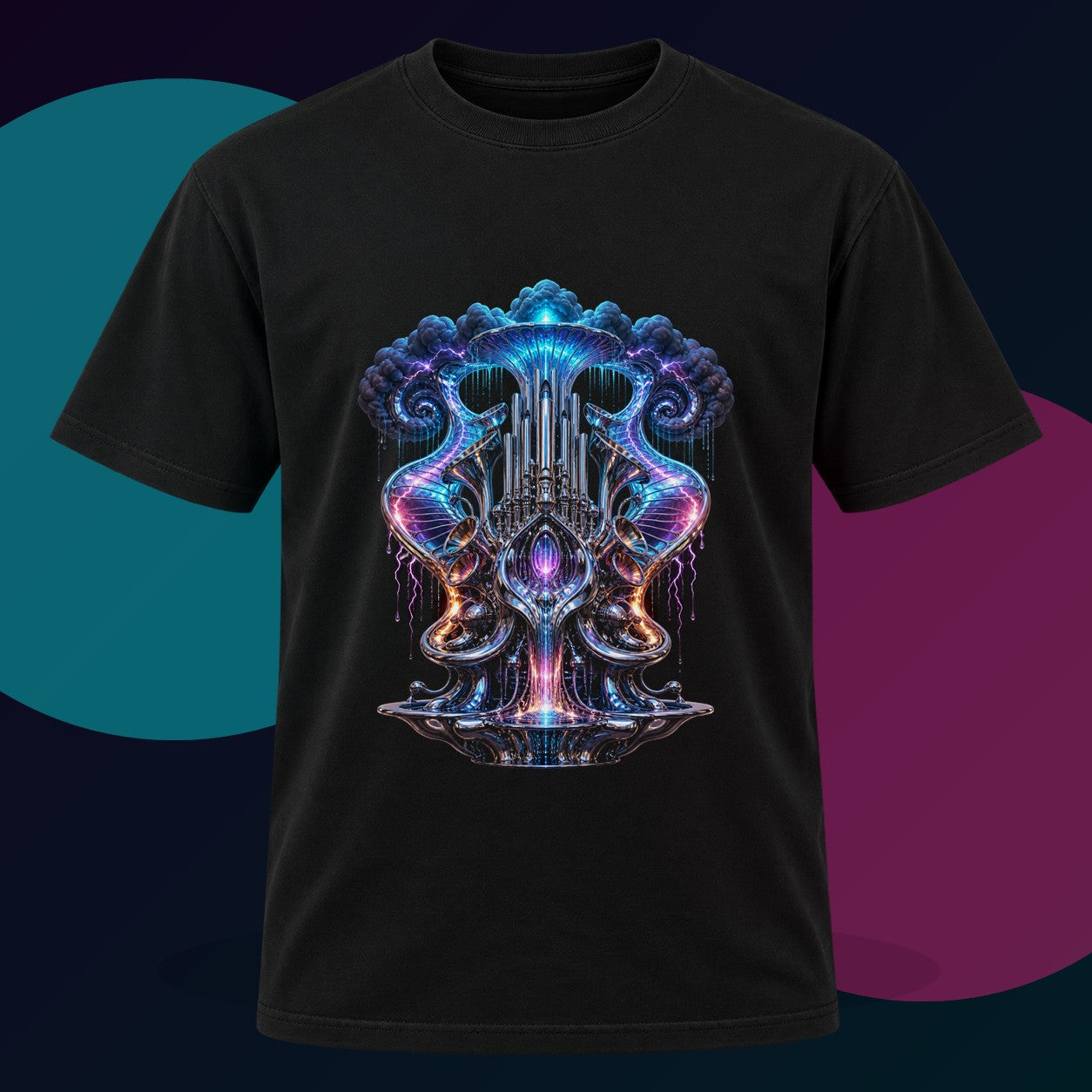 Chrome Weather Organ original KOSVYRE design on a black graphic tee with cyan and violet studio lighting
