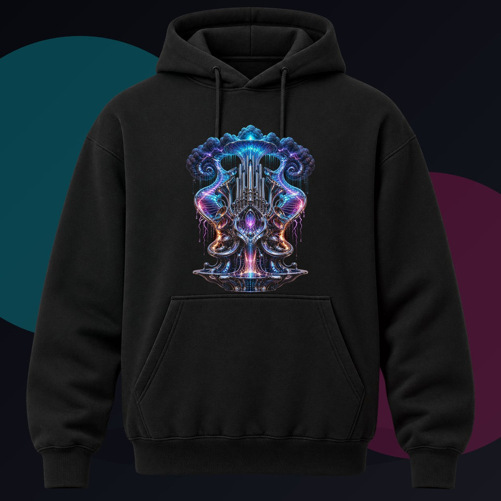 Chrome Weather Organ original KOSVYRE design on a black hoodie against a graphite studio background