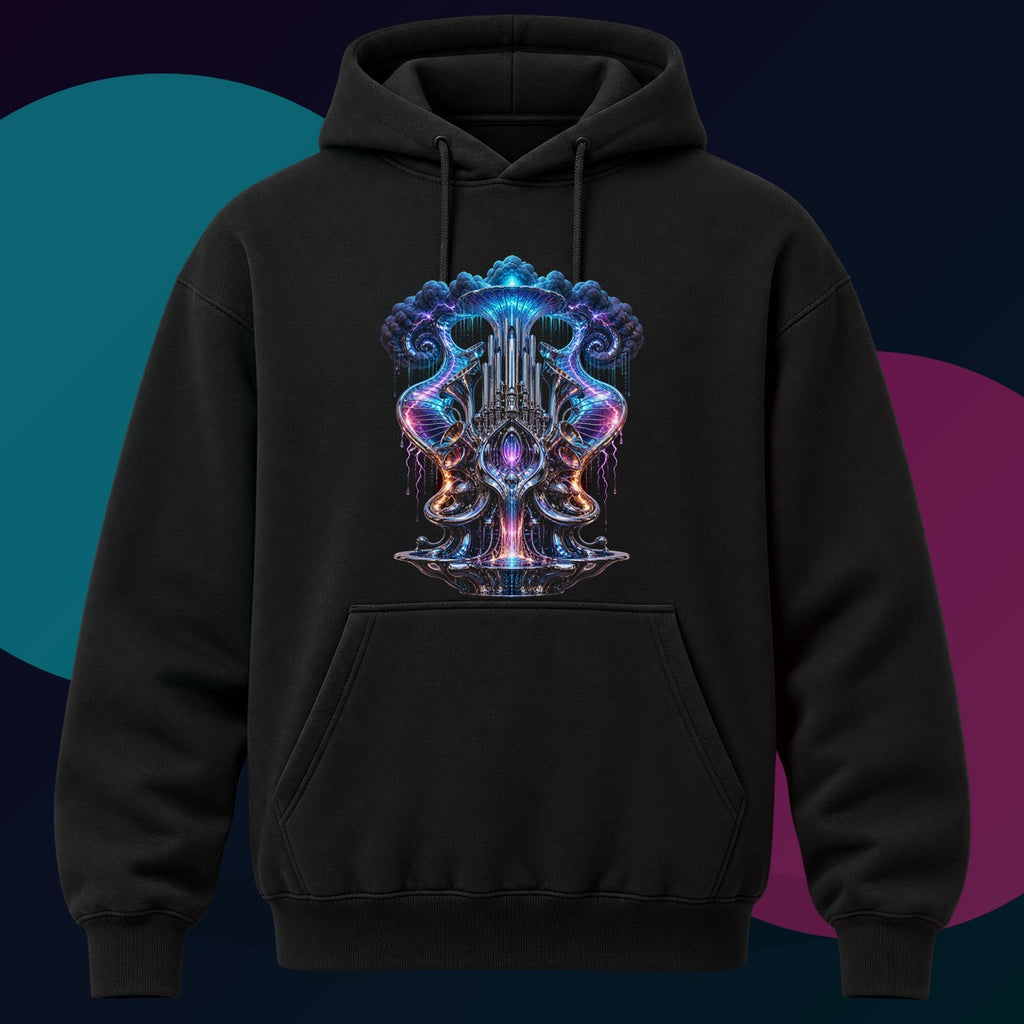 Chrome Weather Organ original KOSVYRE design on a black hoodie with cyan and violet studio lighting