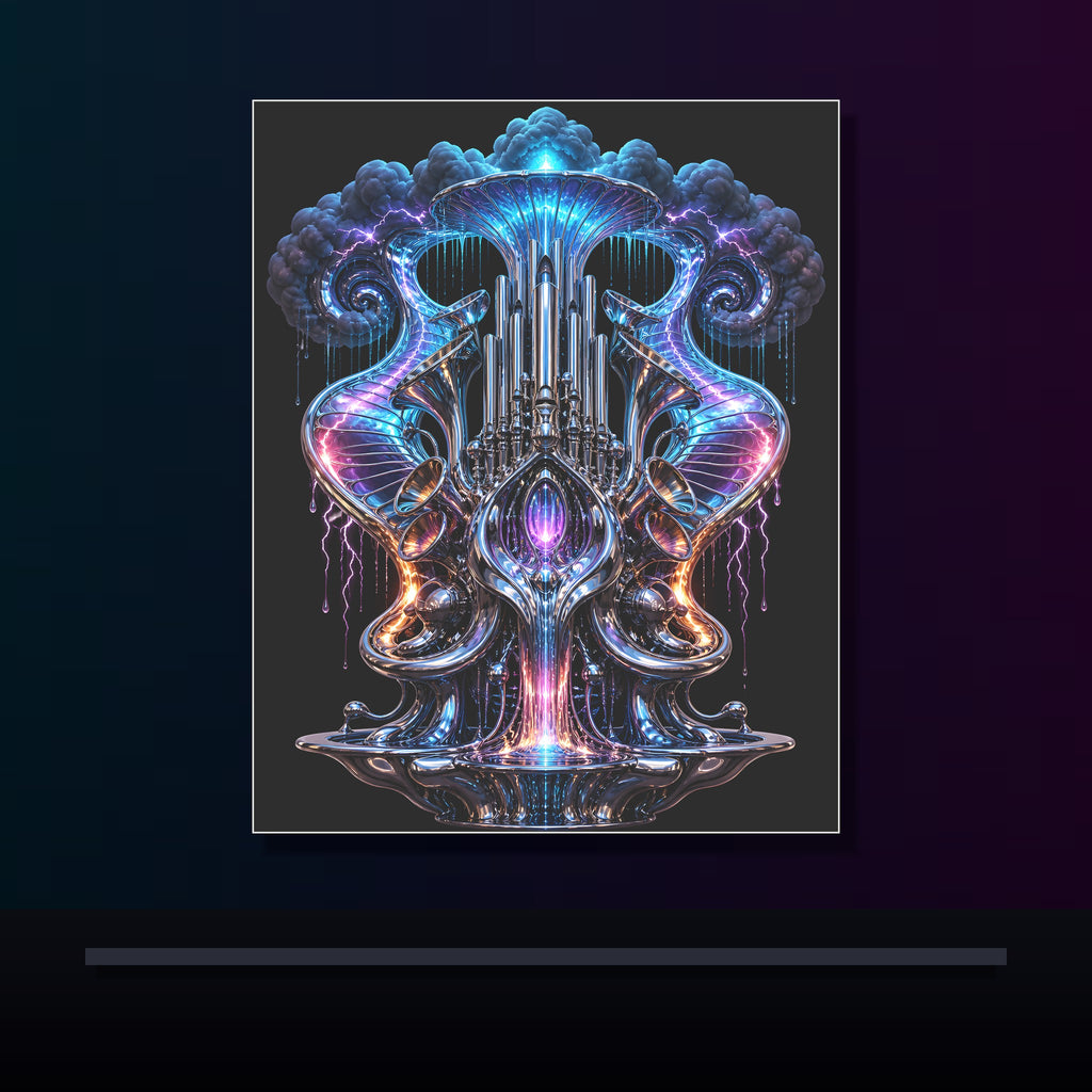 Chrome Weather Organ original KOSVYRE poster displayed in a dark psychedelic gallery setting