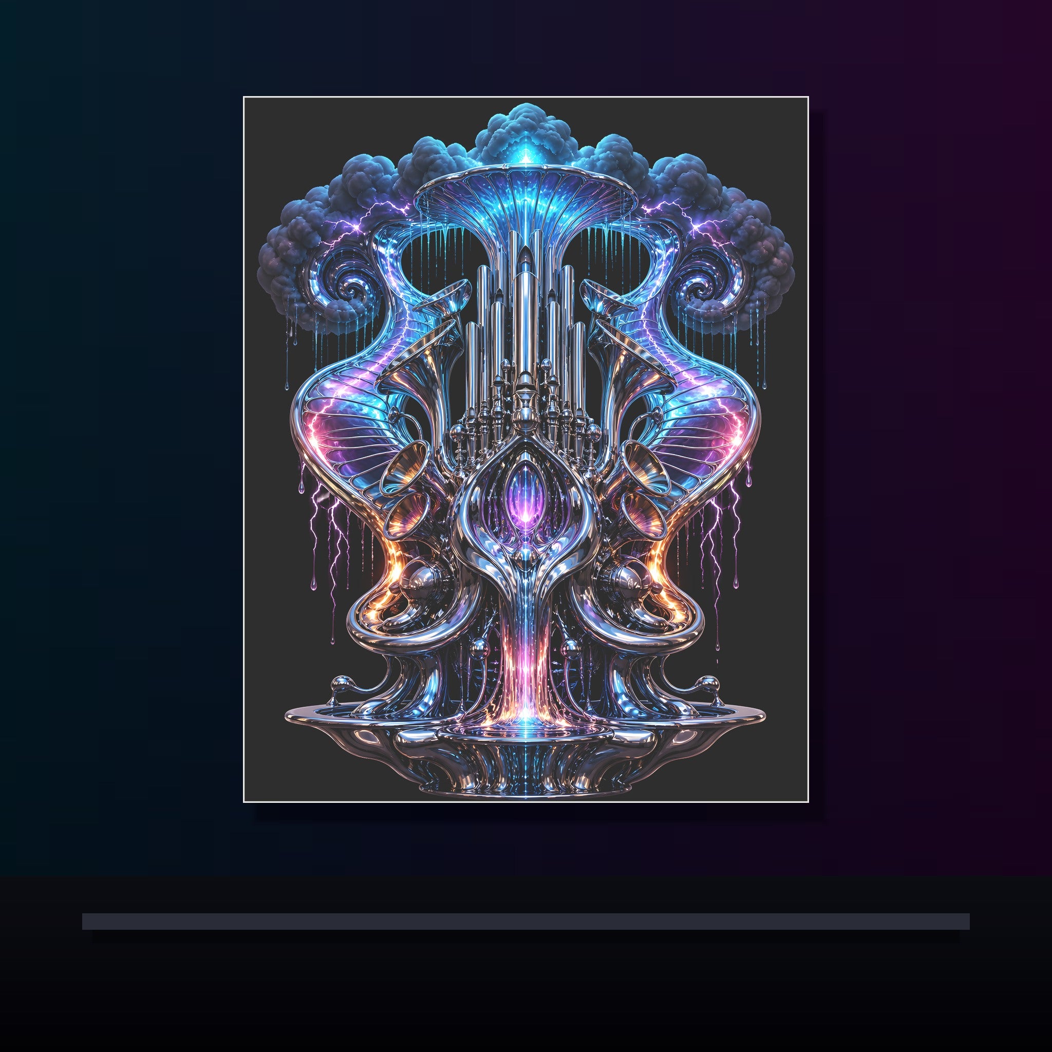 Chrome Weather Organ original KOSVYRE poster displayed in a dark psychedelic gallery setting