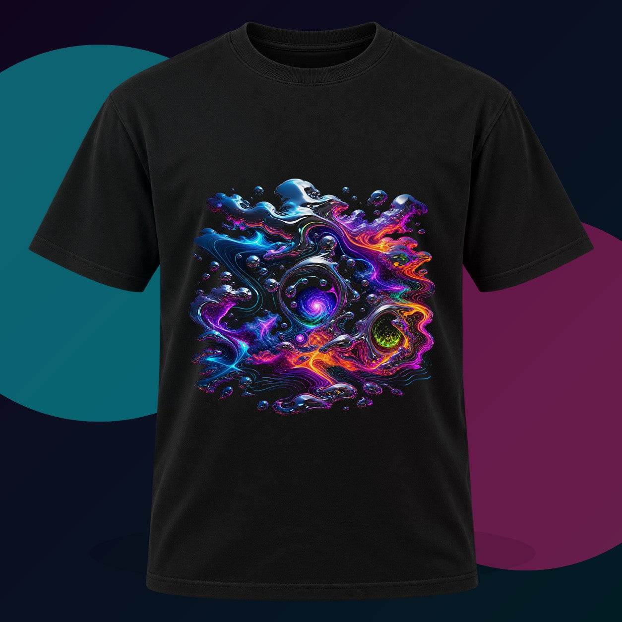 Chrome Weather Veil original KOSVYRE design on a black graphic tee with cyan and violet studio lighting