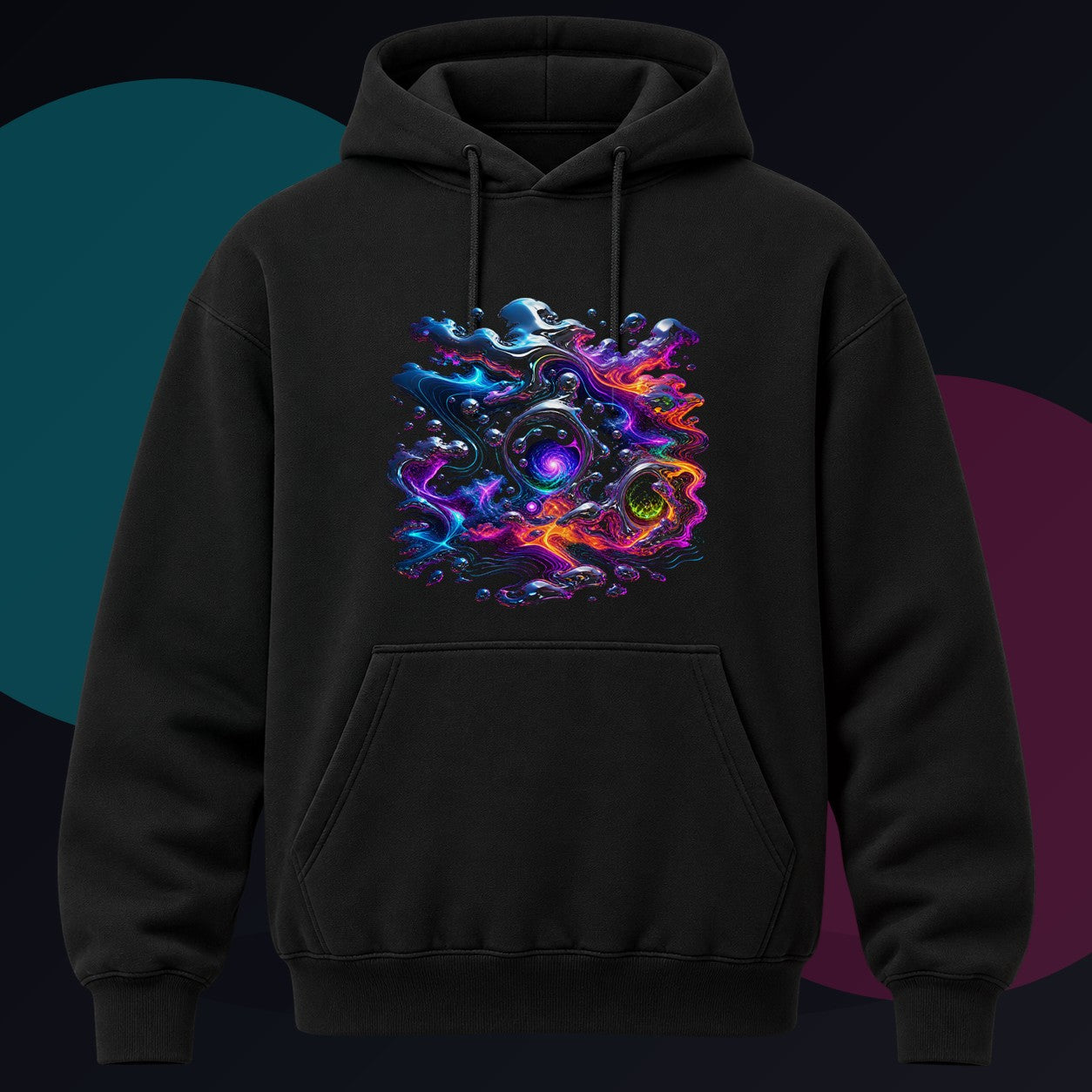 Chrome Weather Veil original KOSVYRE design on a black hoodie against a graphite studio background