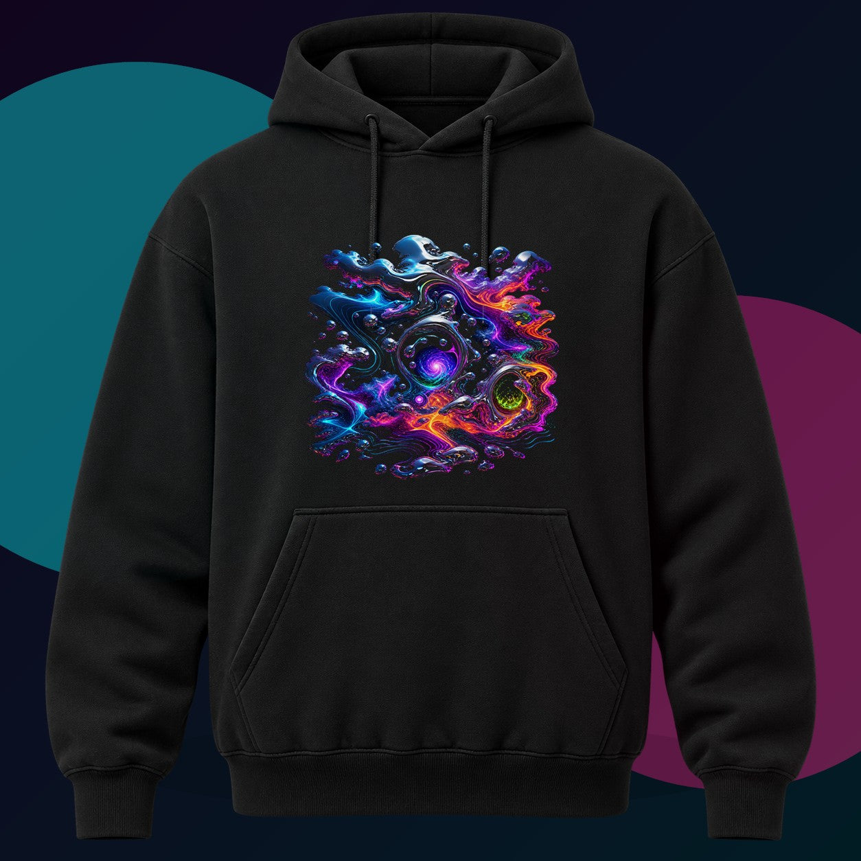 Chrome Weather Veil original KOSVYRE design on a black hoodie with cyan and violet studio lighting