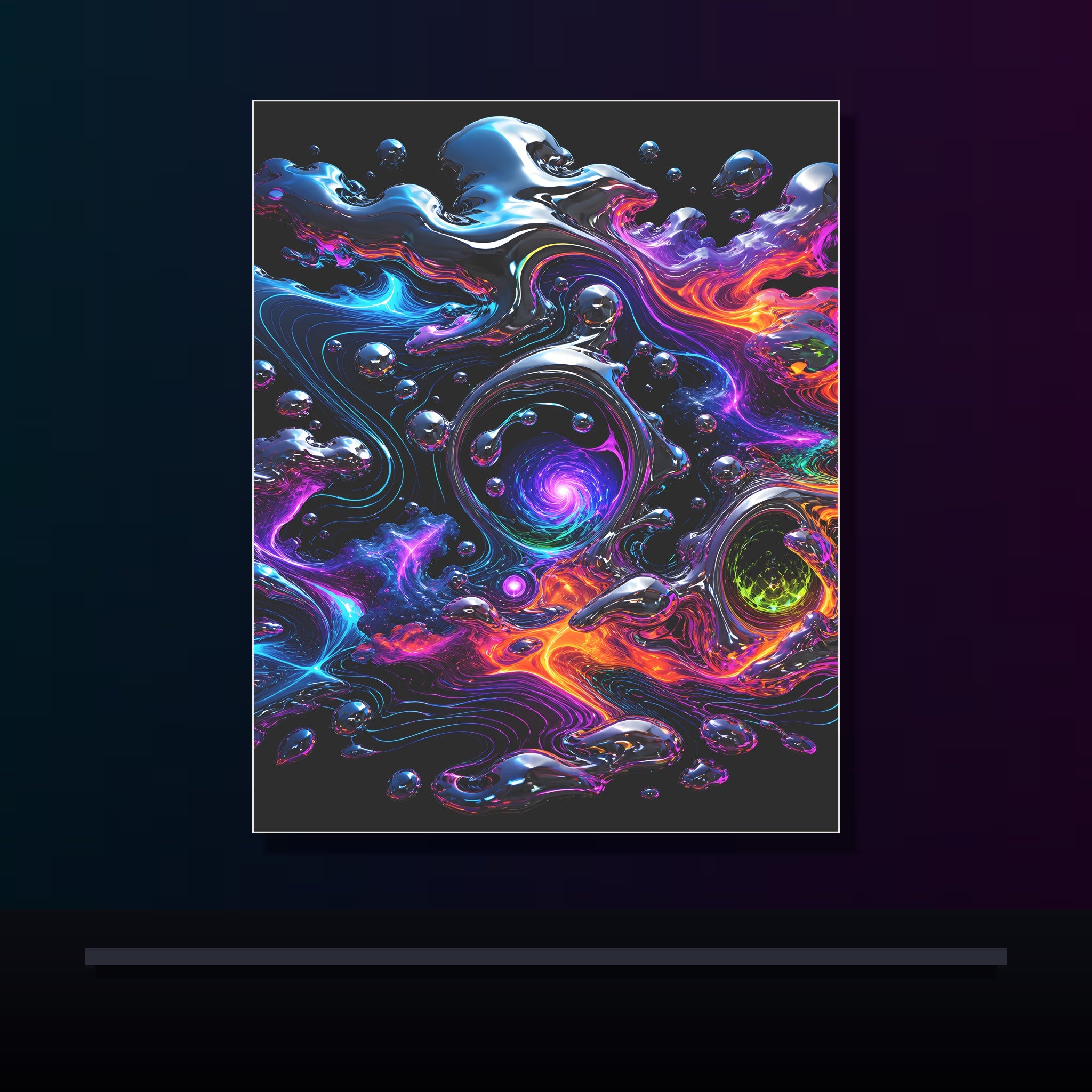 Chrome Weather Veil original KOSVYRE poster displayed in a dark psychedelic gallery setting