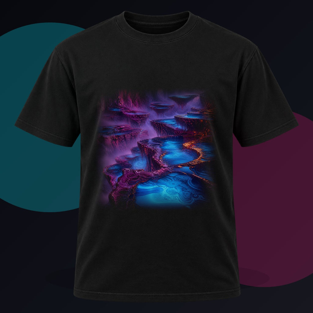 Cobalt Liminal Reservoir original KOSVYRE design on a black graphic tee against a graphite studio background