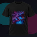 Cobalt Liminal Reservoir original KOSVYRE design on a black graphic tee against a graphite studio background