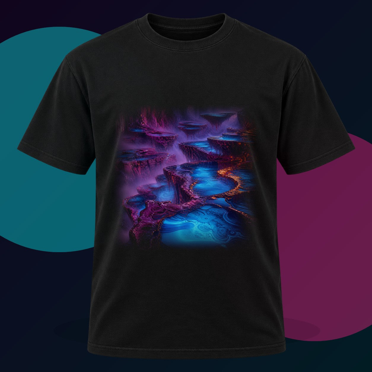 Cobalt Liminal Reservoir original KOSVYRE design on a black graphic tee with cyan and violet studio lighting