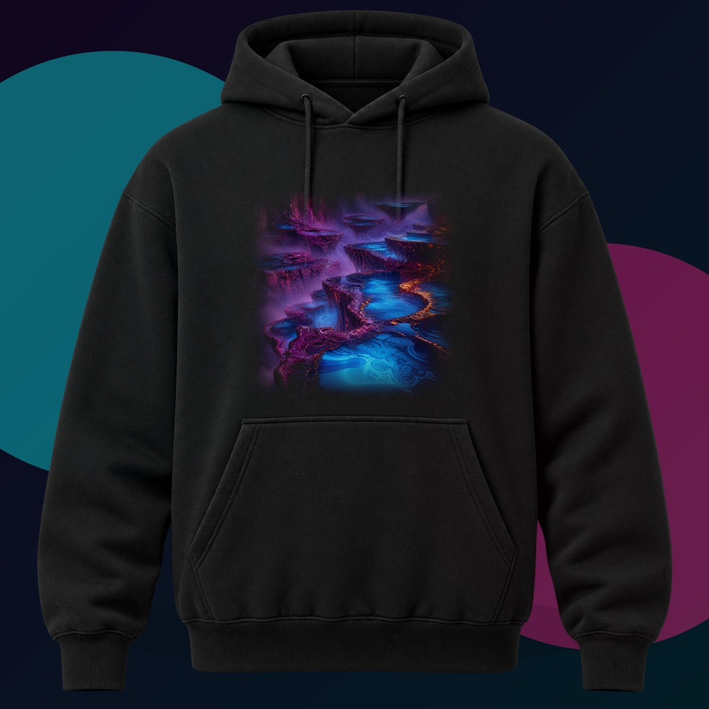 Cobalt Liminal Reservoir original KOSVYRE design on a black hoodie with cyan and violet studio lighting