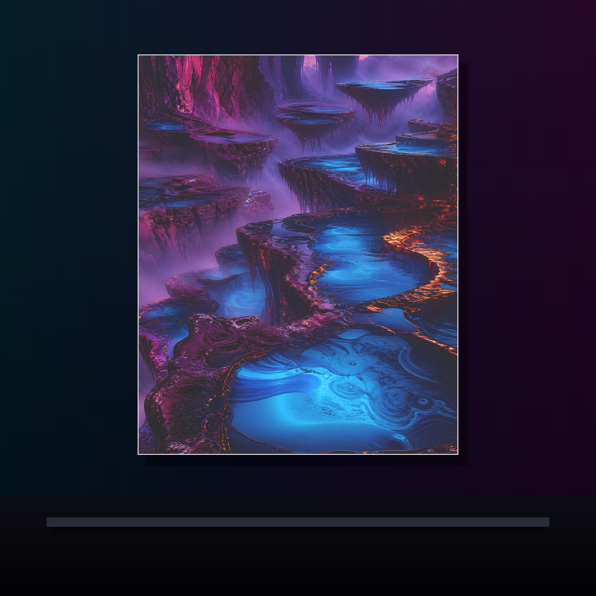 Cobalt Liminal Reservoir original KOSVYRE poster displayed in a dark psychedelic gallery setting