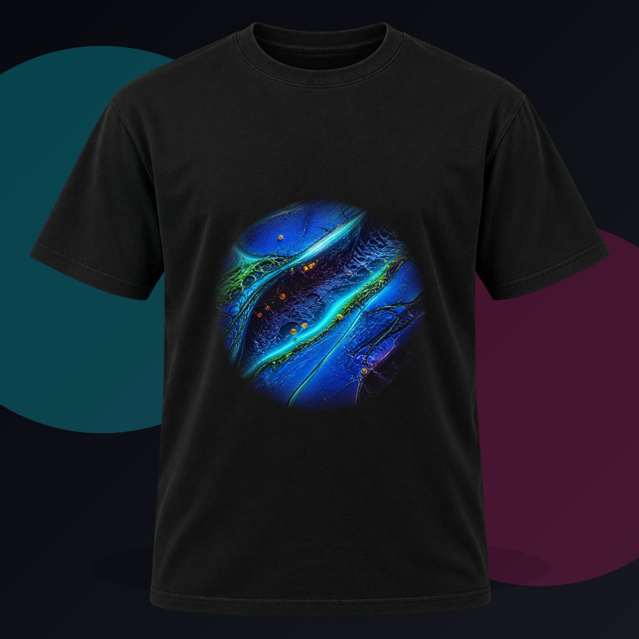Cobalt Wound Garden original KOSVYRE design on a black graphic tee against a graphite studio background