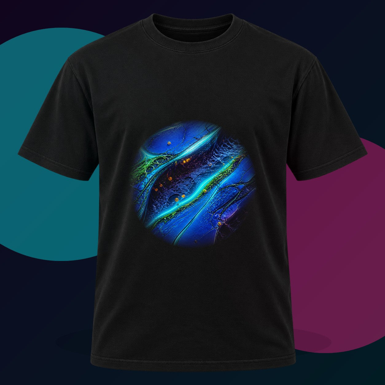 Cobalt Wound Garden original KOSVYRE design on a black graphic tee with cyan and violet studio lighting