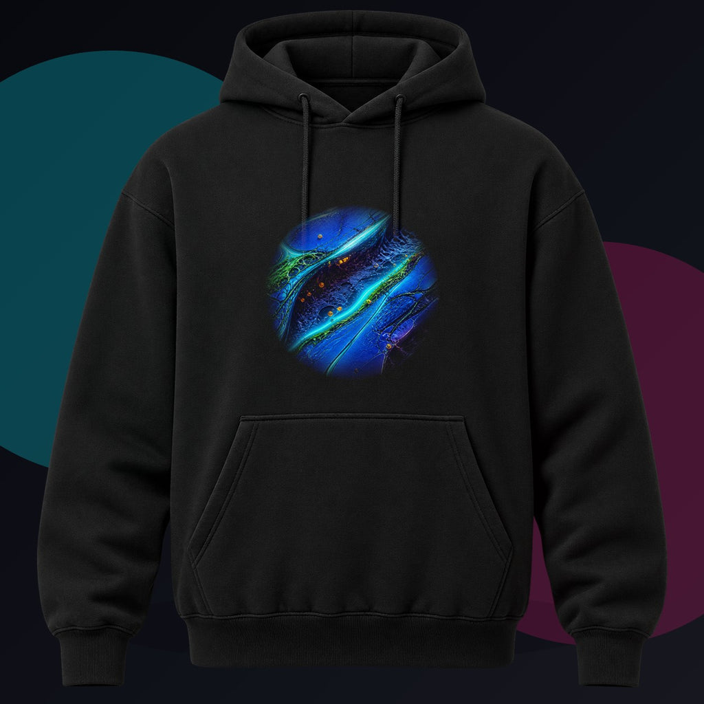 Cobalt Wound Garden original KOSVYRE design on a black hoodie against a graphite studio background