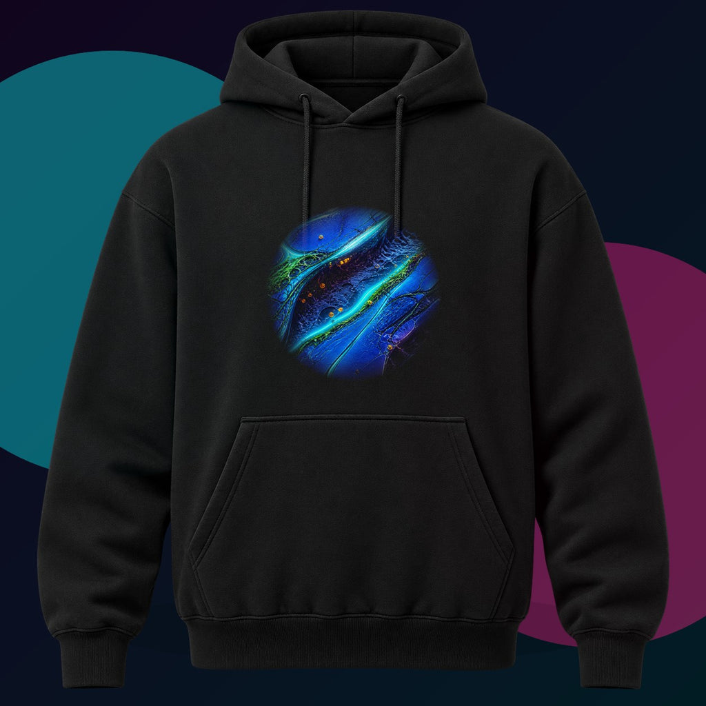 Cobalt Wound Garden original KOSVYRE design on a black hoodie with cyan and violet studio lighting
