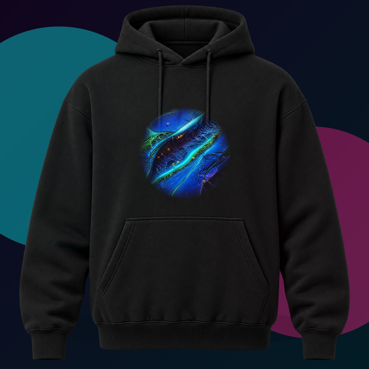 Cobalt Wound Garden original KOSVYRE design on a black hoodie with cyan and violet studio lighting