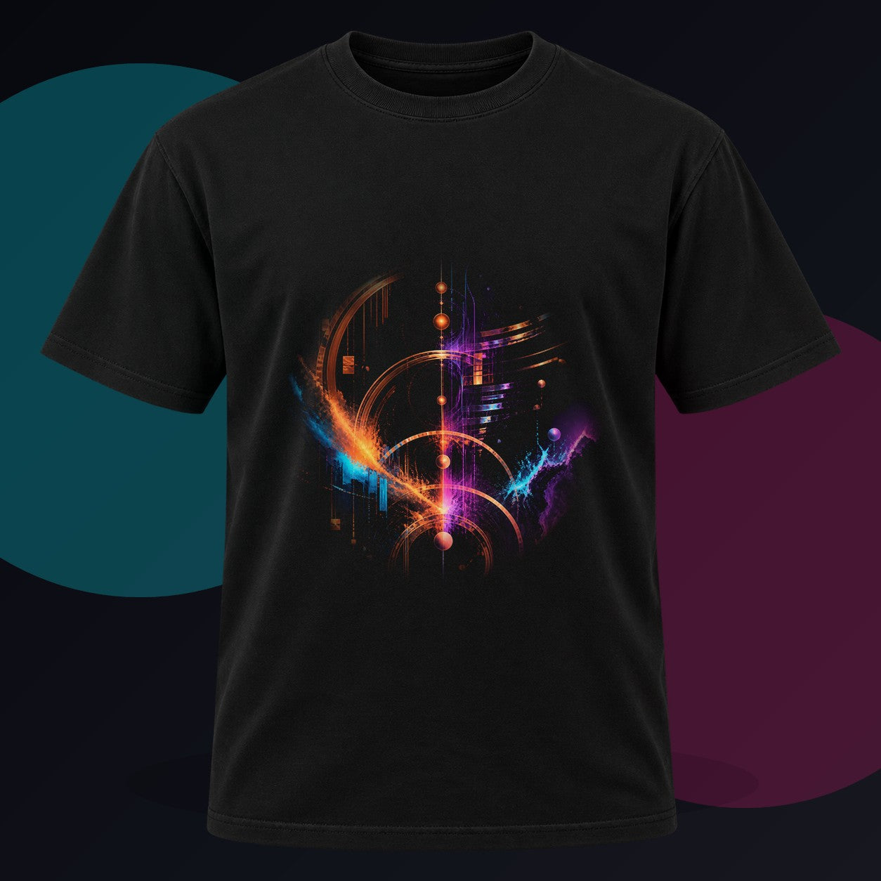 Copper Night Meridian original KOSVYRE design on a black graphic tee against a graphite studio background