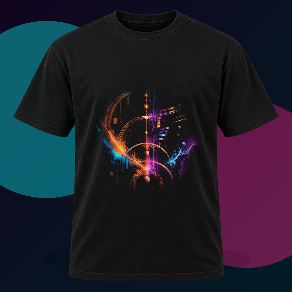 Copper Night Meridian original KOSVYRE design on a black graphic tee with cyan and violet studio lighting