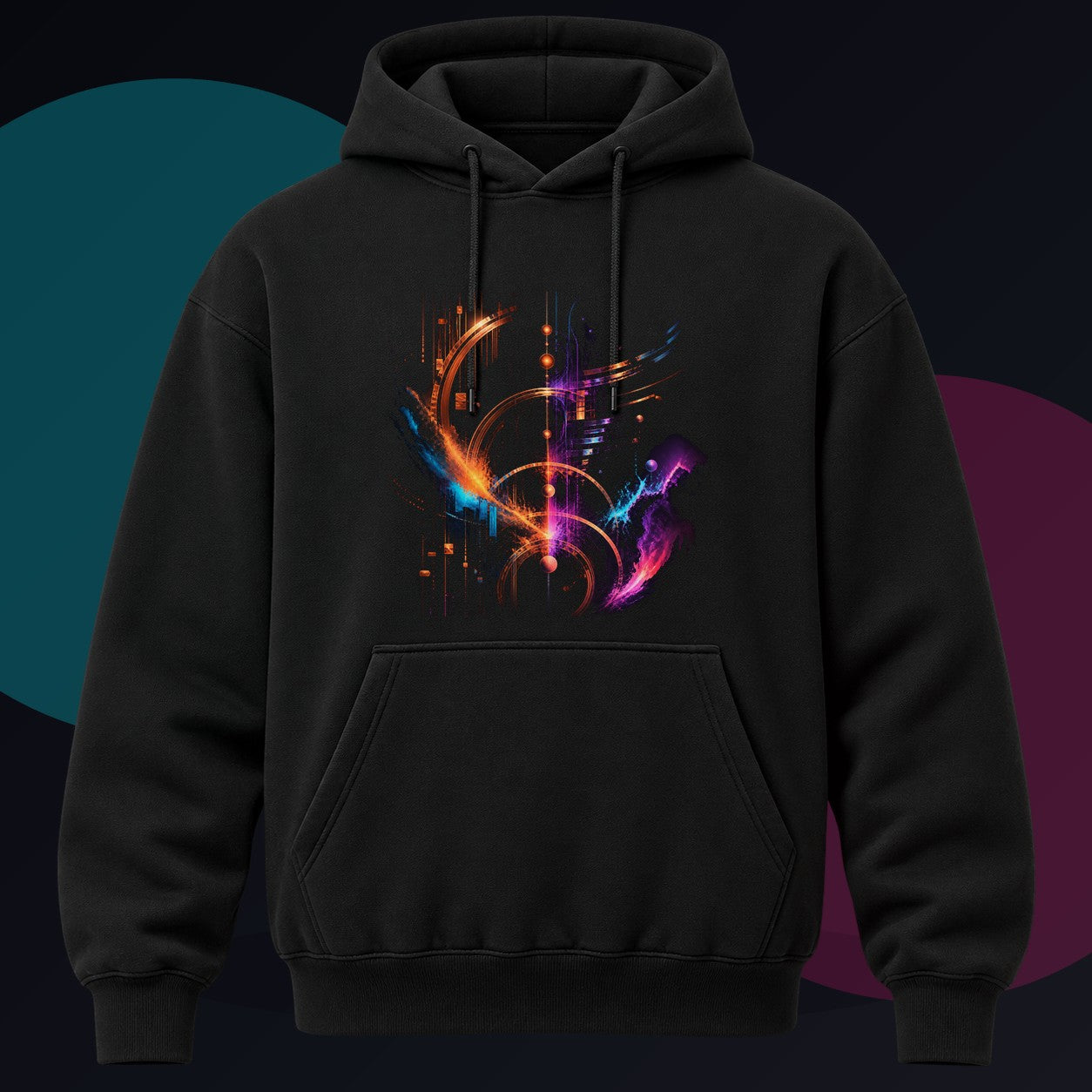 Copper Night Meridian original KOSVYRE design on a black hoodie against a graphite studio background