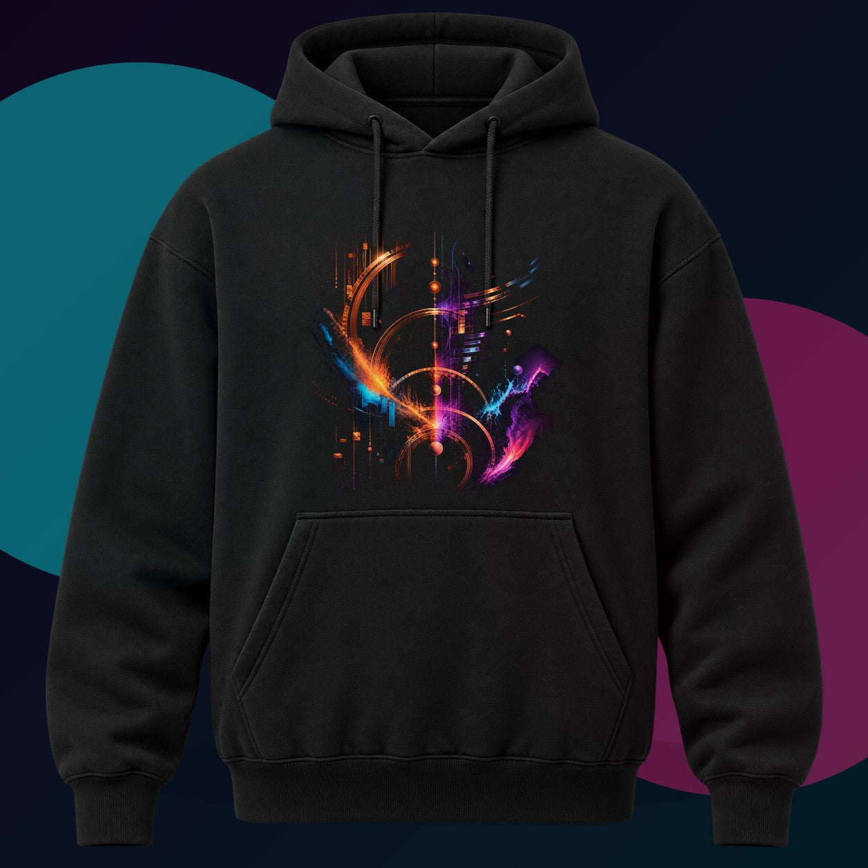 Copper Night Meridian original KOSVYRE design on a black hoodie with cyan and violet studio lighting
