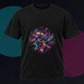 Copper Static Device original KOSVYRE design on a black graphic tee against a graphite studio background