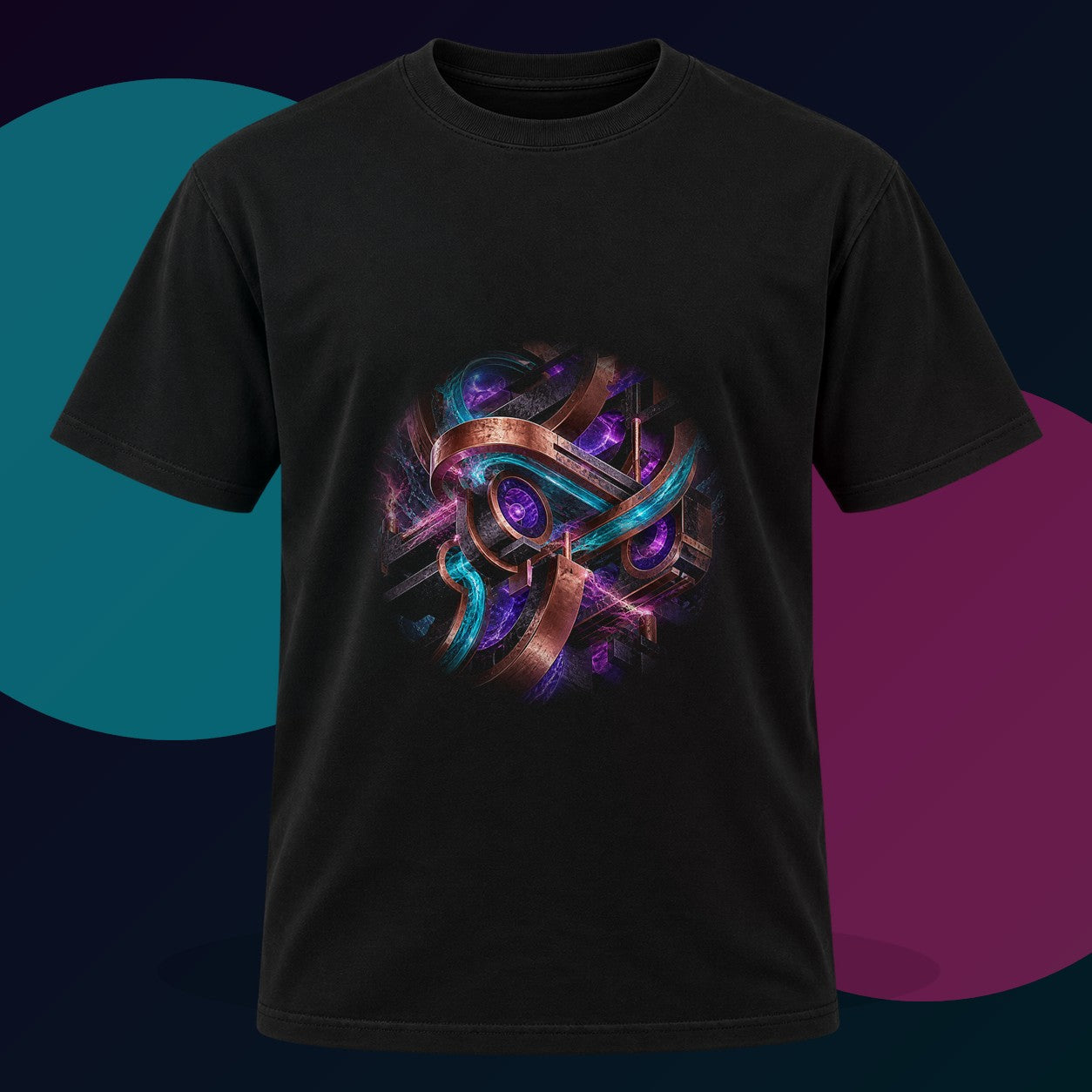 Copper Static Device original KOSVYRE design on a black graphic tee with cyan and violet studio lighting