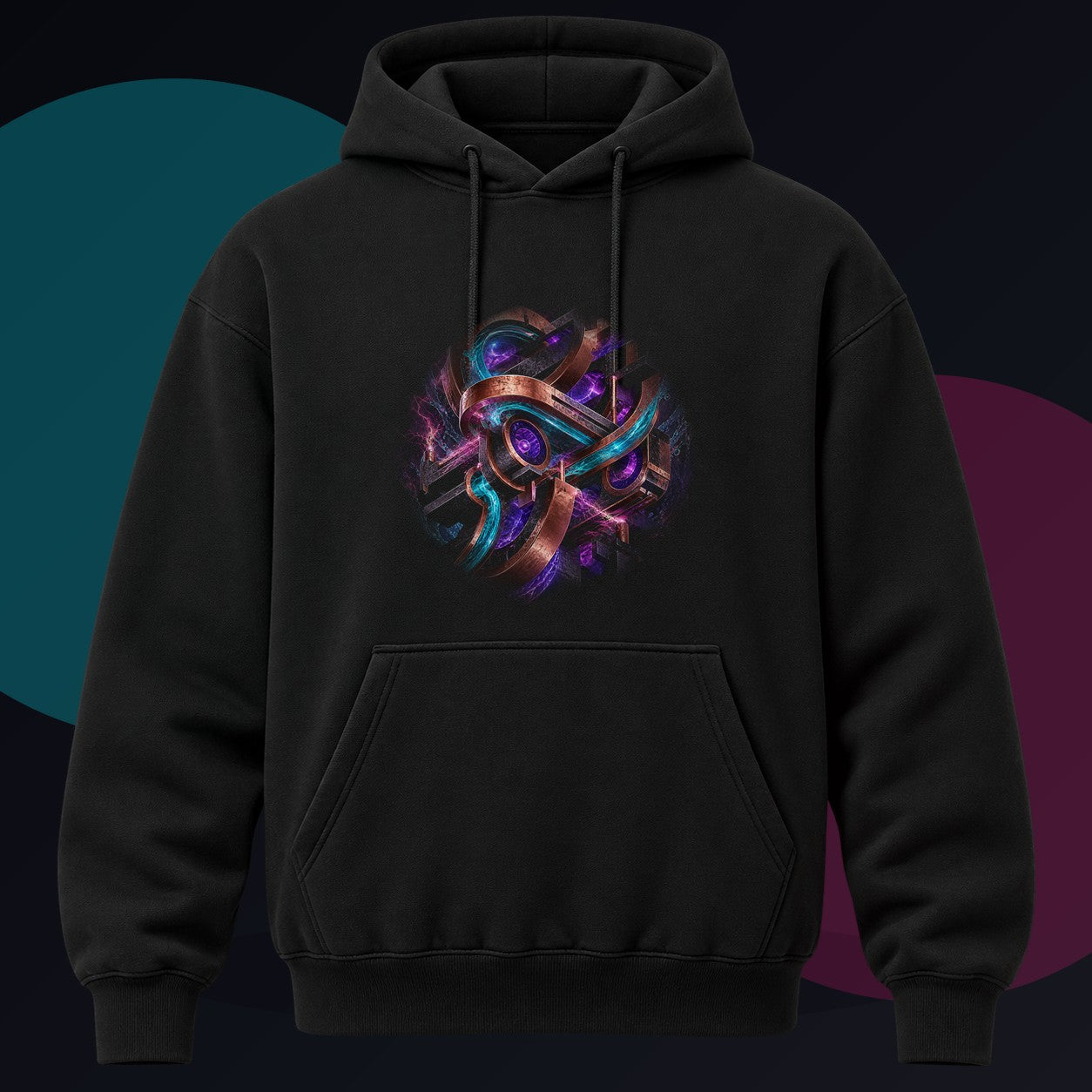Copper Static Device original KOSVYRE design on a black hoodie against a graphite studio background
