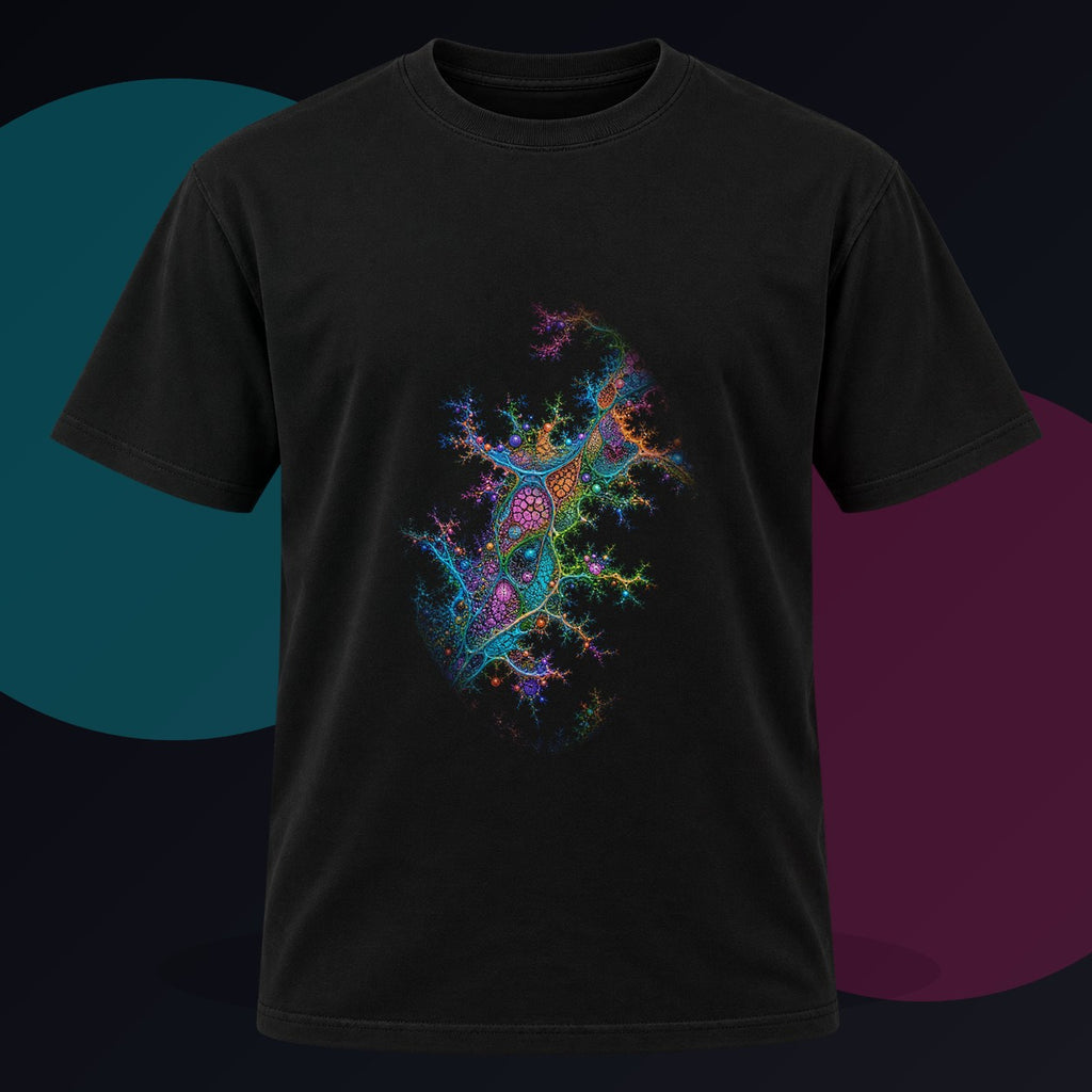 Coral Logic Spread original KOSVYRE design on a black graphic tee against a graphite studio background
