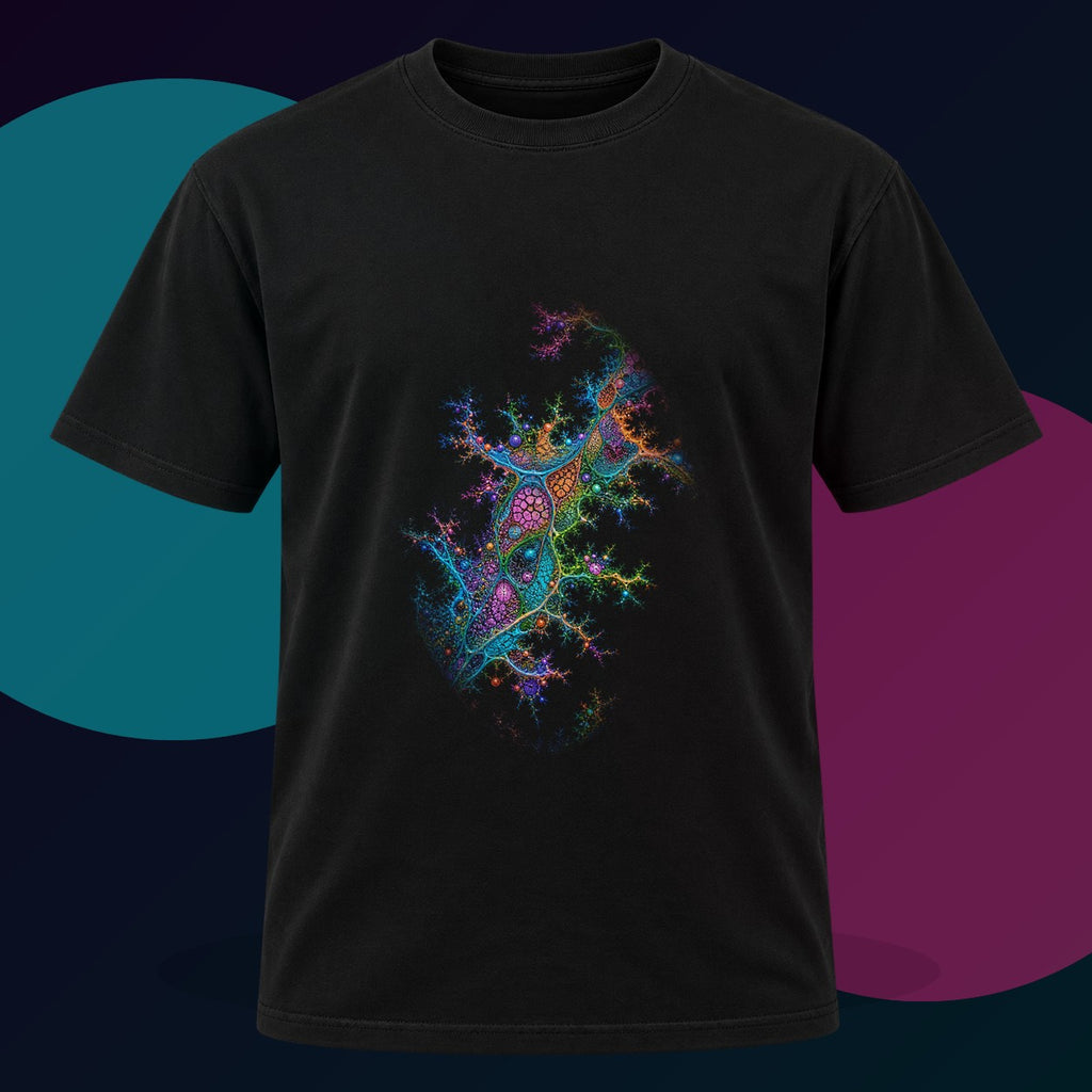Coral Logic Spread original KOSVYRE design on a black graphic tee with cyan and violet studio lighting