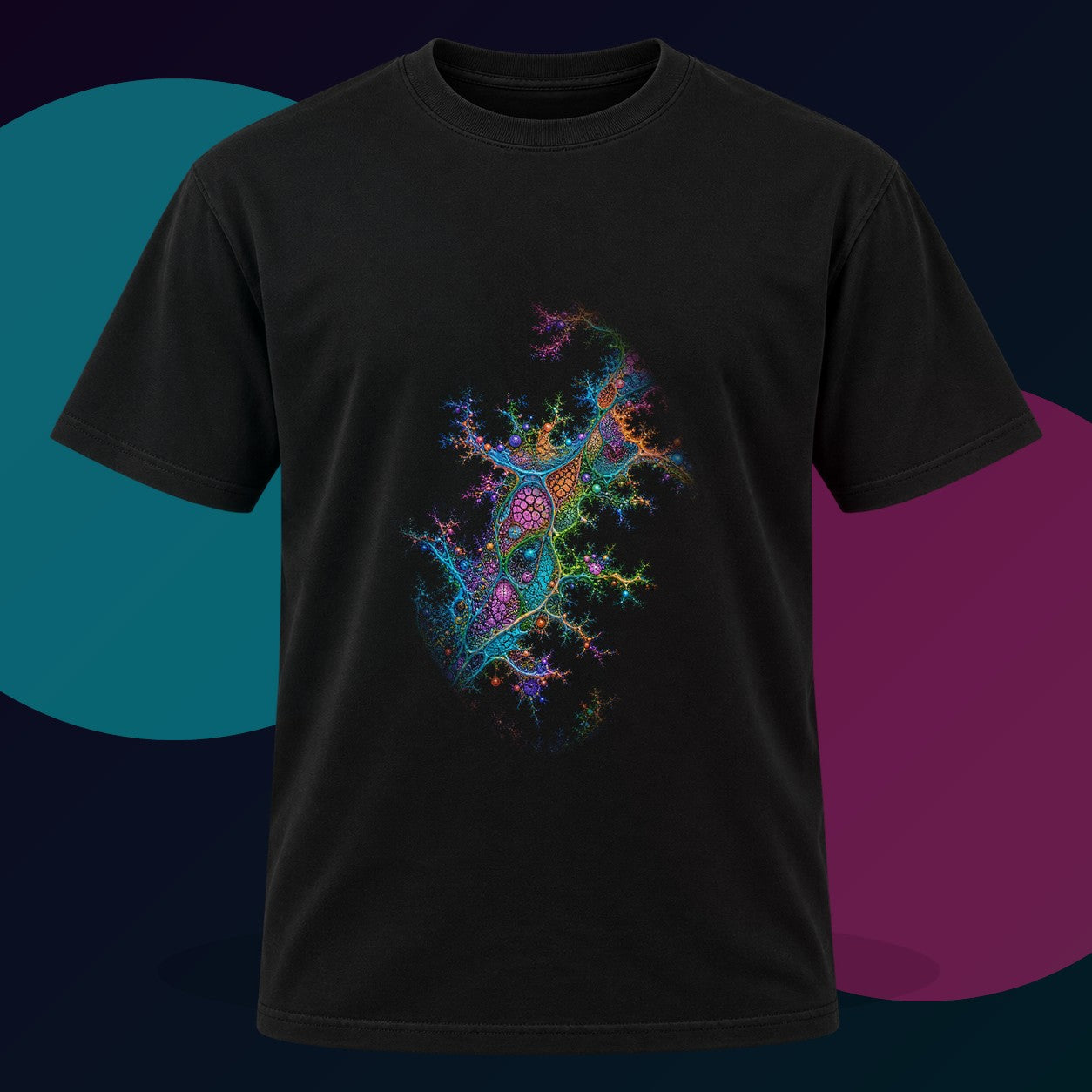 Coral Logic Spread original KOSVYRE design on a black graphic tee with cyan and violet studio lighting