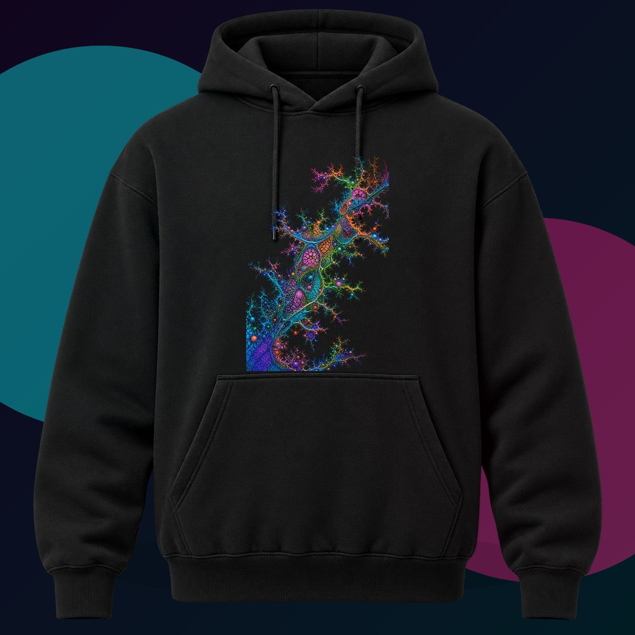 Coral Logic Spread original KOSVYRE design on a black hoodie with cyan and violet studio lighting