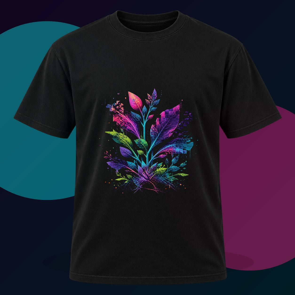 Corrupted Garden Protocol original KOSVYRE design on a black graphic tee with cyan and violet studio lighting