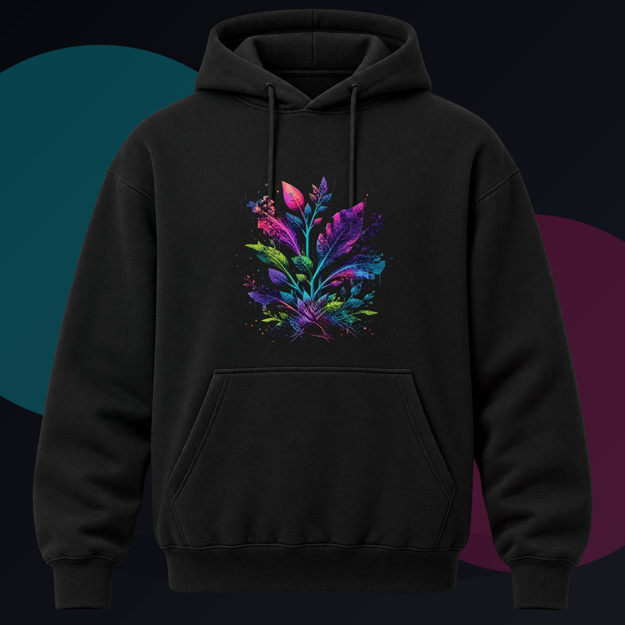 Corrupted Garden Protocol original KOSVYRE design on a black hoodie against a graphite studio background