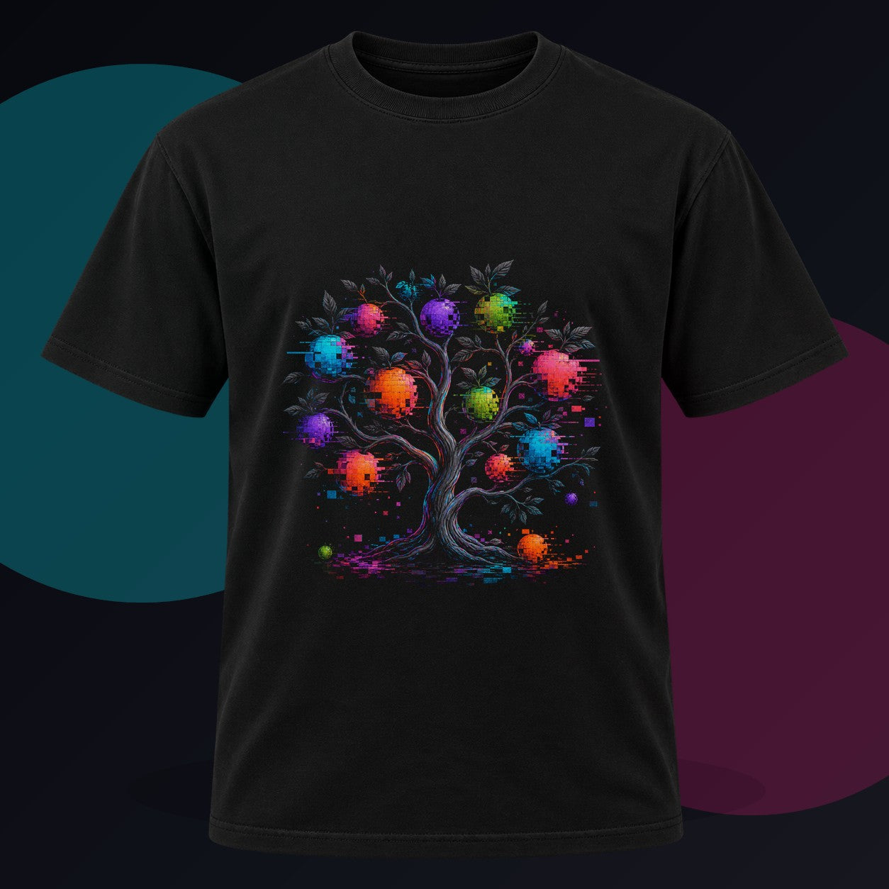 Corrupted Orchard original KOSVYRE design on a black graphic tee against a graphite studio background