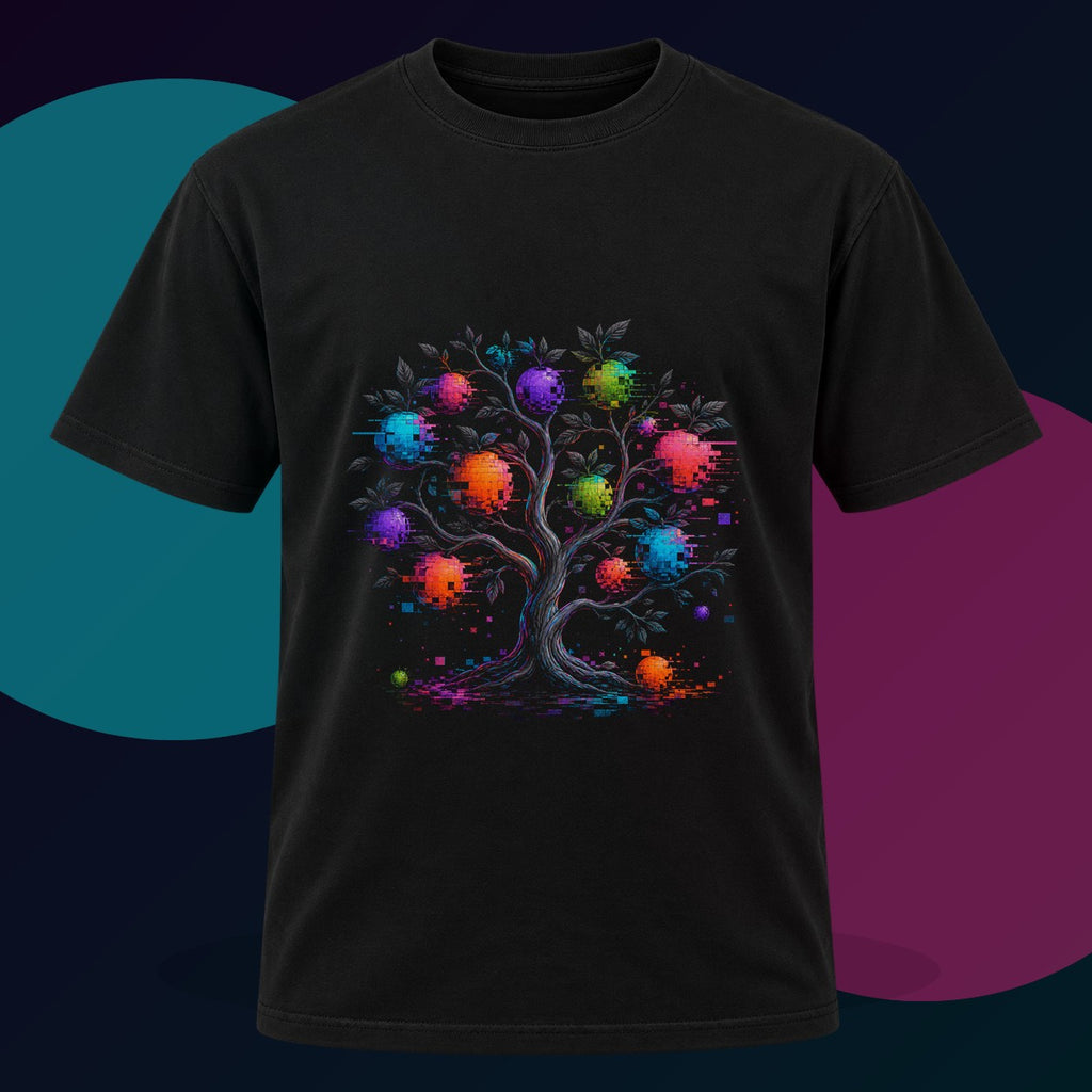 Corrupted Orchard original KOSVYRE design on a black graphic tee with cyan and violet studio lighting