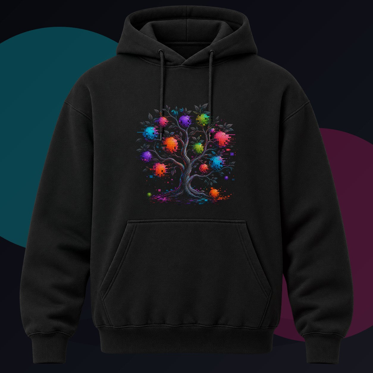 Corrupted Orchard original KOSVYRE design on a black hoodie against a graphite studio background