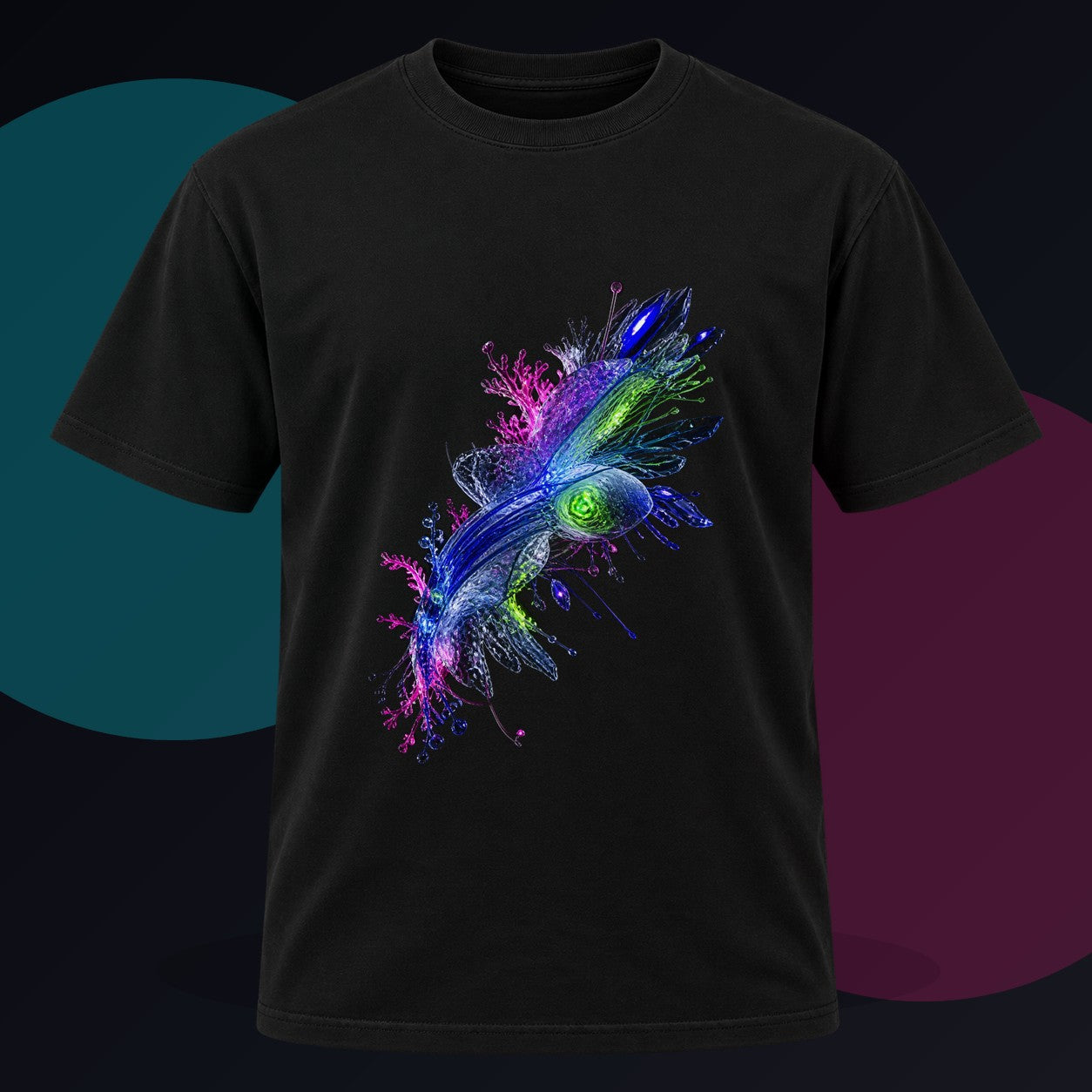 Crystal Organism Relay original KOSVYRE design on a black graphic tee against a graphite studio background