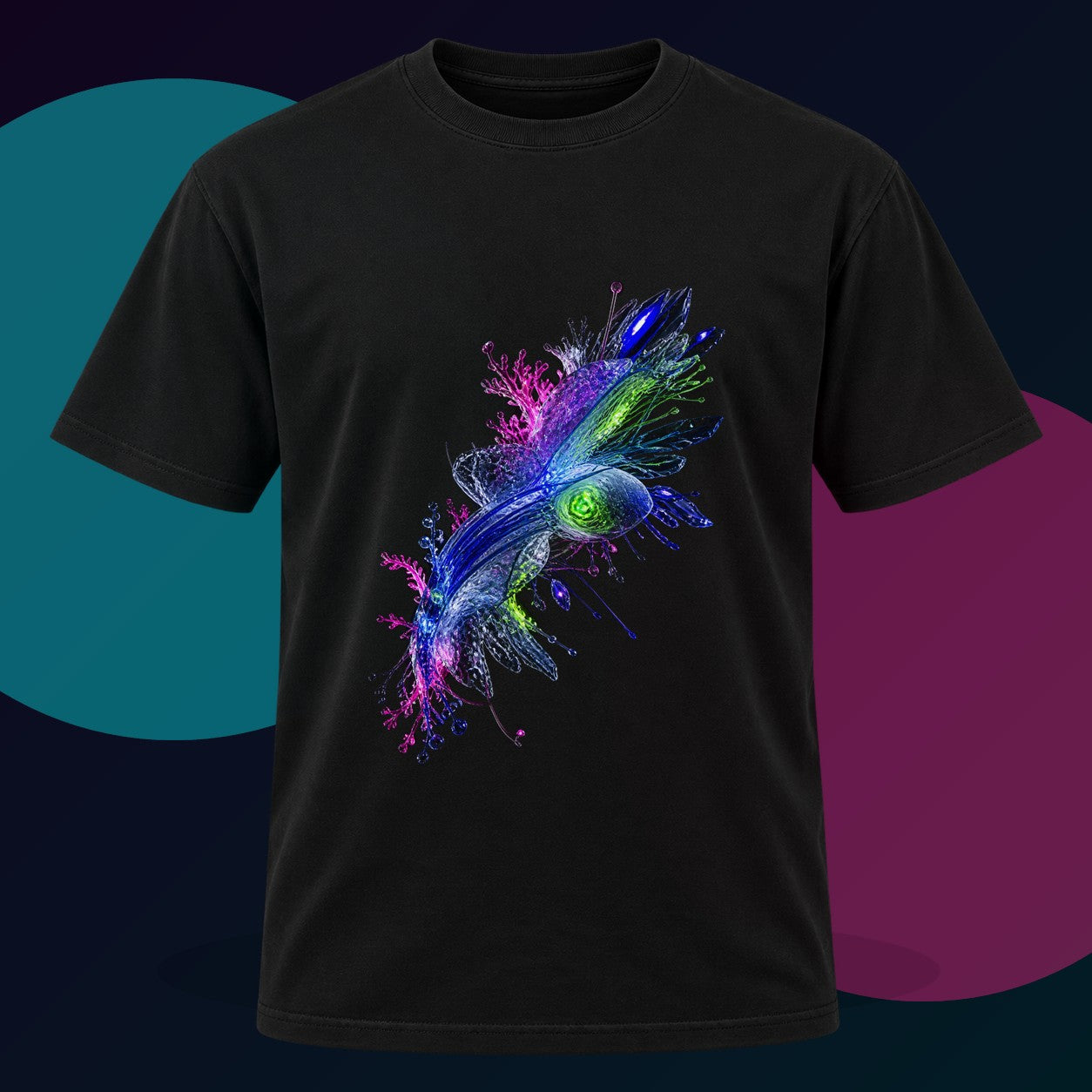 Crystal Organism Relay original KOSVYRE design on a black graphic tee with cyan and violet studio lighting