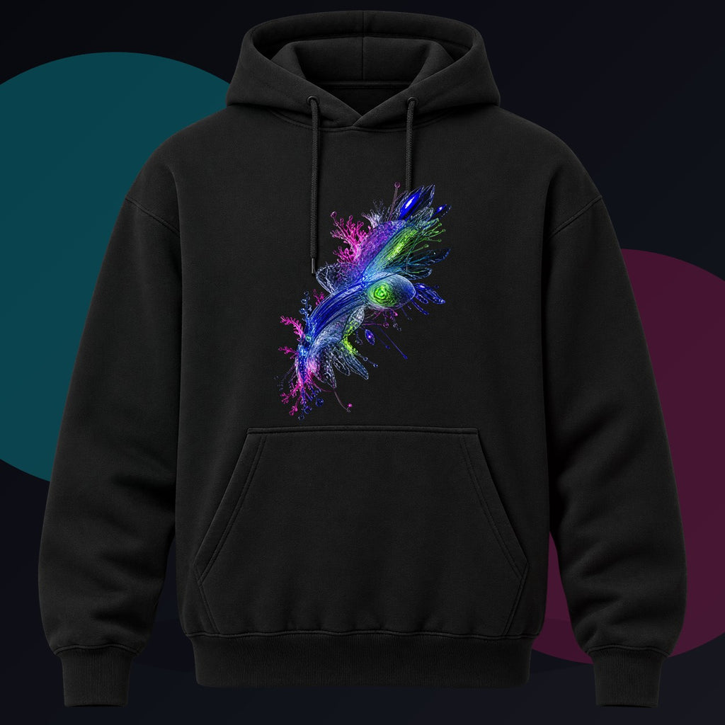 Crystal Organism Relay original KOSVYRE design on a black hoodie against a graphite studio background
