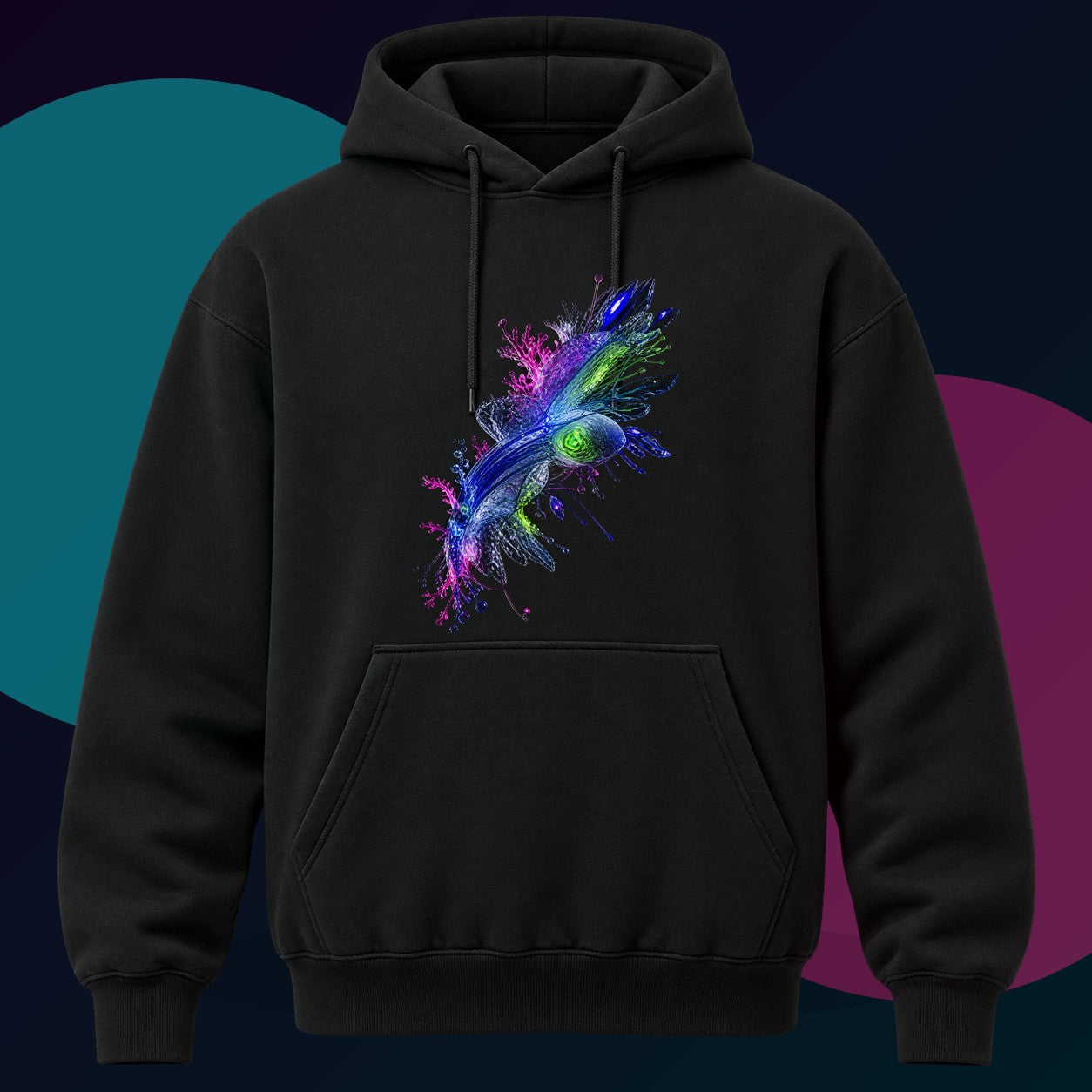Crystal Organism Relay original KOSVYRE design on a black hoodie with cyan and violet studio lighting