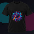 Cyan Bloom Parallax original KOSVYRE design on a black graphic tee against a graphite studio background