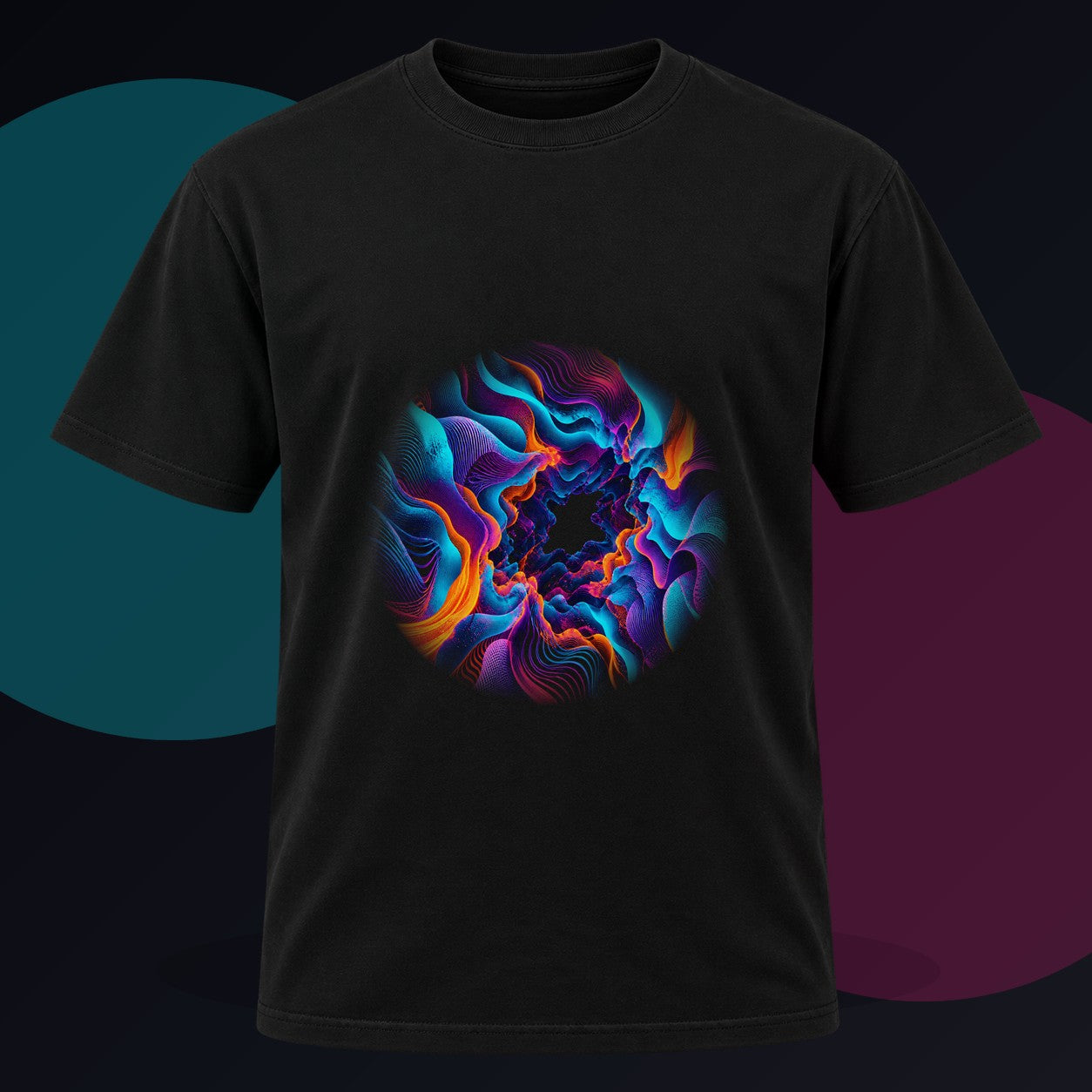 Cyan Bloom Parallax original KOSVYRE design on a black graphic tee against a graphite studio background