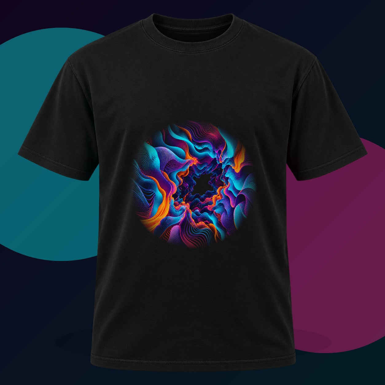 Cyan Bloom Parallax original KOSVYRE design on a black graphic tee with cyan and violet studio lighting