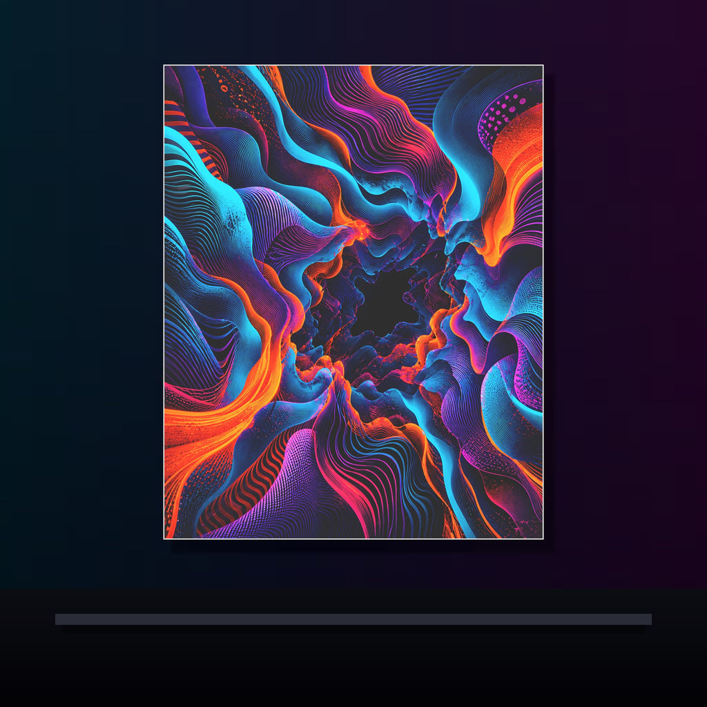 Cyan Bloom Parallax original KOSVYRE poster displayed in a dark psychedelic gallery setting
