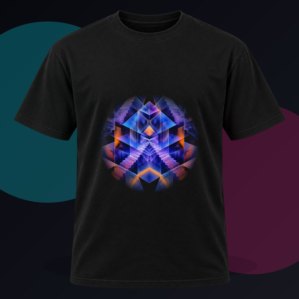 Cyan Monolith Choir original KOSVYRE design on a black graphic tee against a graphite studio background