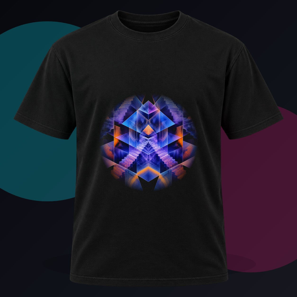 Cyan Monolith Choir original KOSVYRE design on a black graphic tee against a graphite studio background