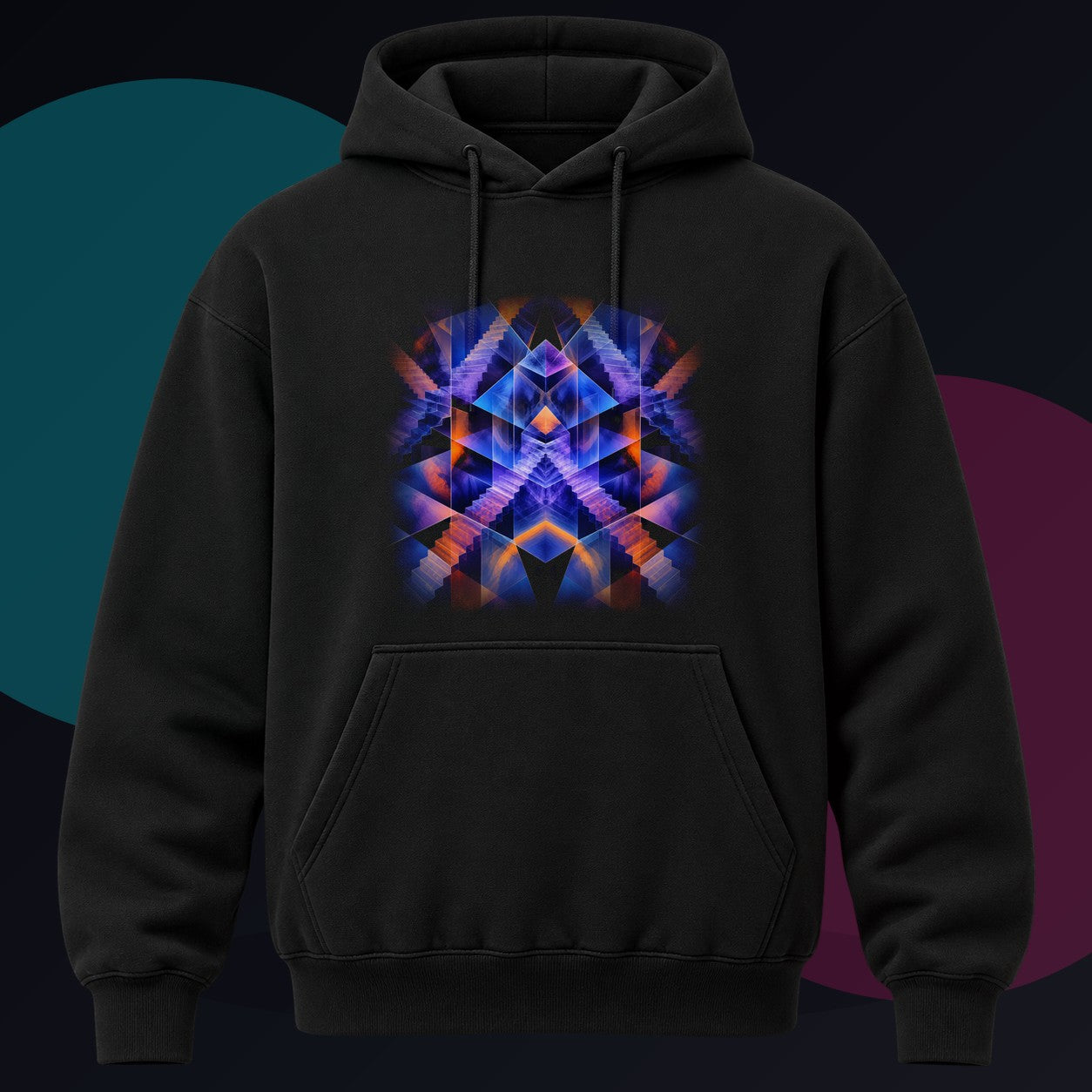 Cyan Monolith Choir original KOSVYRE design on a black hoodie against a graphite studio background