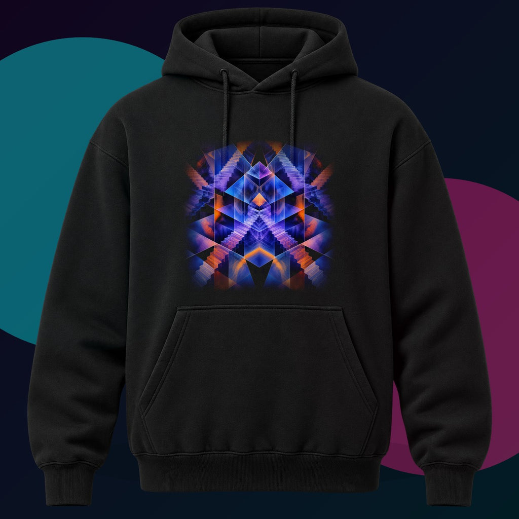 Cyan Monolith Choir original KOSVYRE design on a black hoodie with cyan and violet studio lighting
