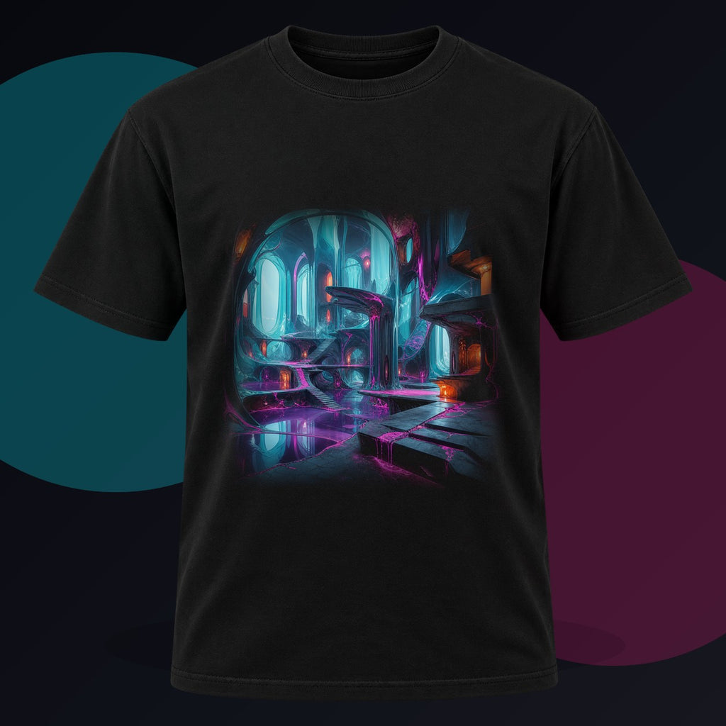 Cyan Suture Cathedral original KOSVYRE design on a black graphic tee against a graphite studio background