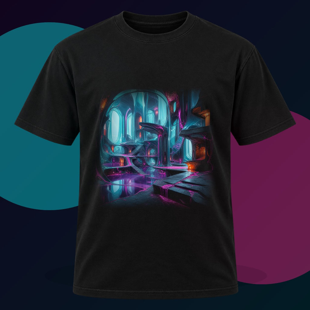 Cyan Suture Cathedral original KOSVYRE design on a black graphic tee with cyan and violet studio lighting