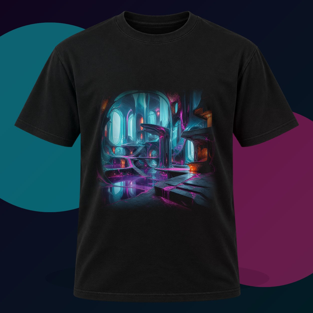 Cyan Suture Cathedral original KOSVYRE design on a black graphic tee with cyan and violet studio lighting